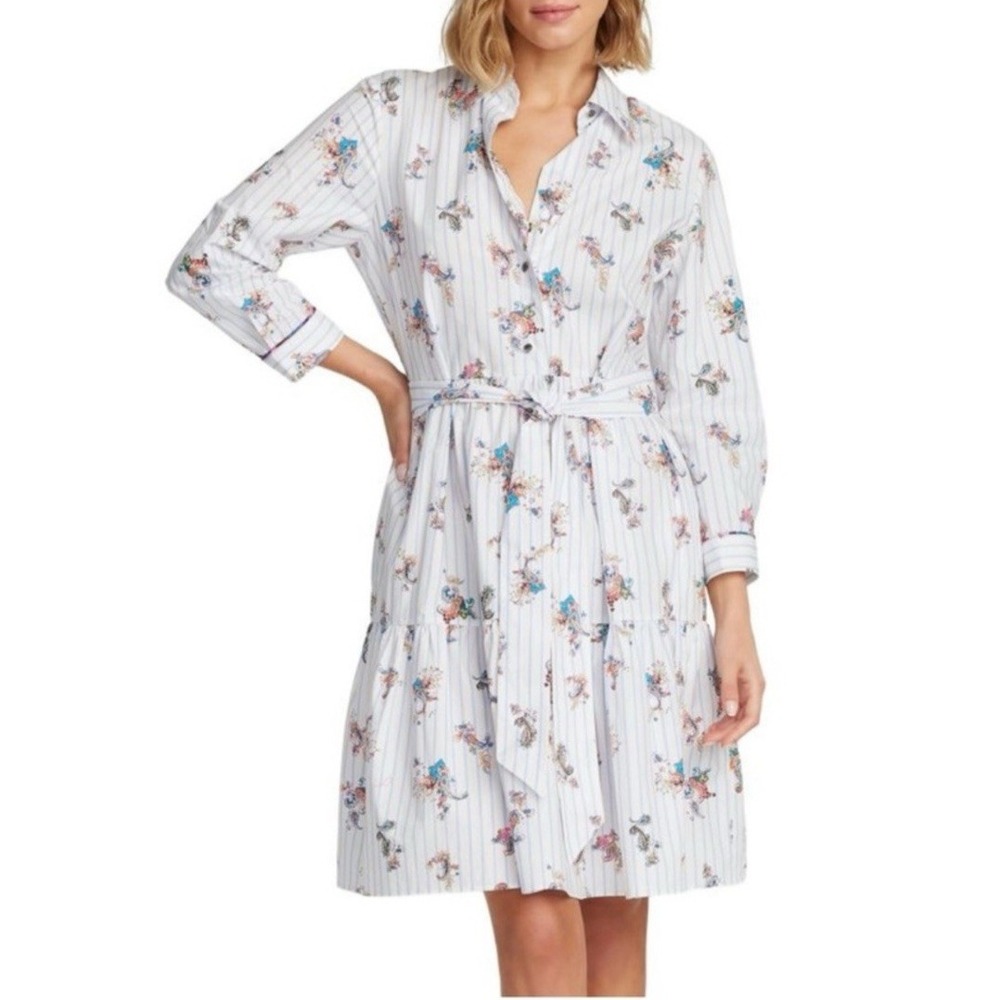 Robert Graham Women Size 6 Paloma Striped Paisley Mini Shirt Dress White Cotton